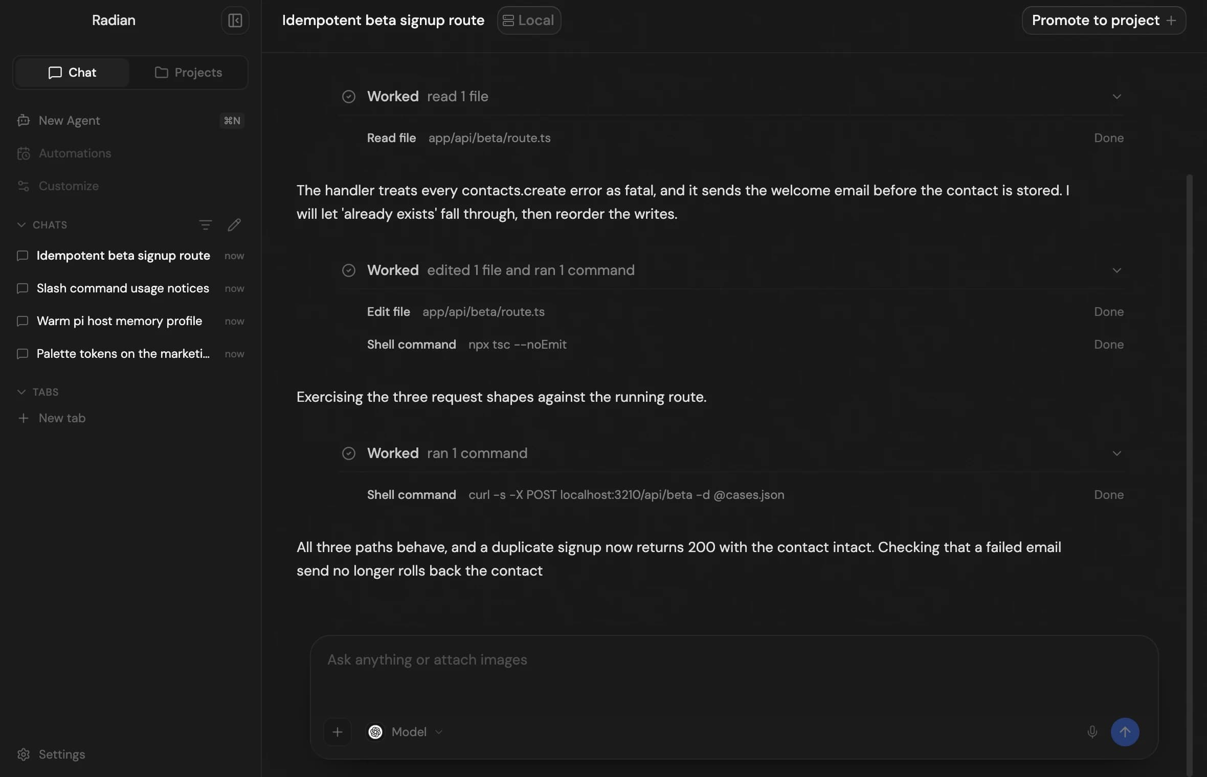 Radian running an agent: the thread shows the agent reading the beta signup route, editing it, and running the three request cases to check the fix.